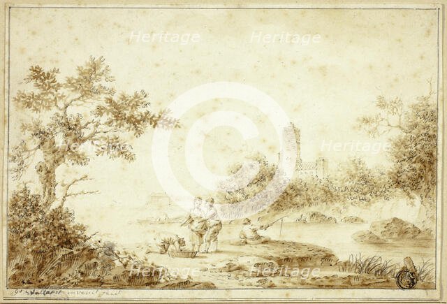 Landscape with Figures by Stream, n.d. Creator: Pierre Joseph Wallaert.