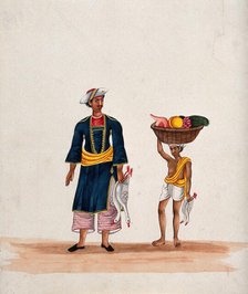 A man carrying two ducks followed by a servant carrying a basket of fruit, (between 1800 and 1899?). Creator: Unknown.