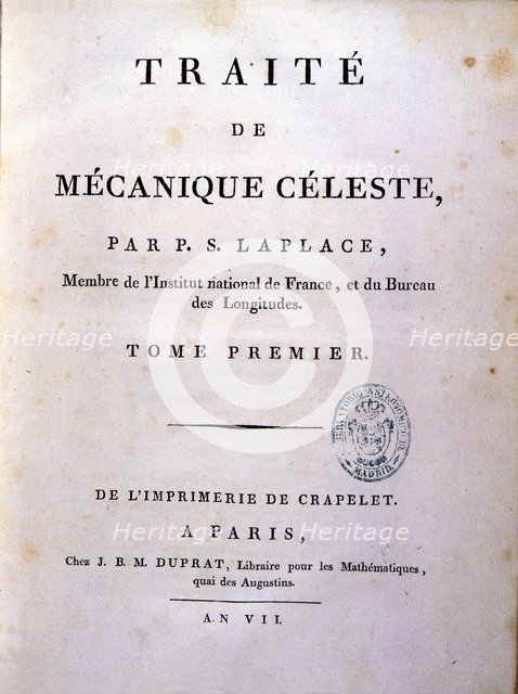 Cover 'Traité de Mécanique Céleste', by Pierre Simon Laplace, published in Paris.