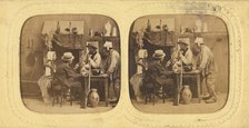 Genre scene: people in discussion around table, one woman with bonnet, gun leaning against...1860s. Creator: E Lamy.