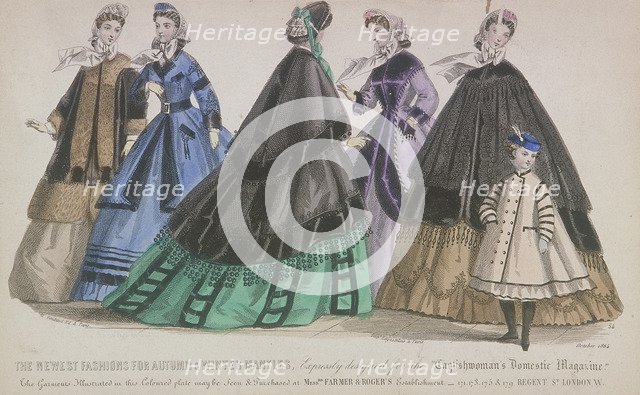 Five women and a child wearing the latest autumn and winter fashions, 1864. Artist: Anon