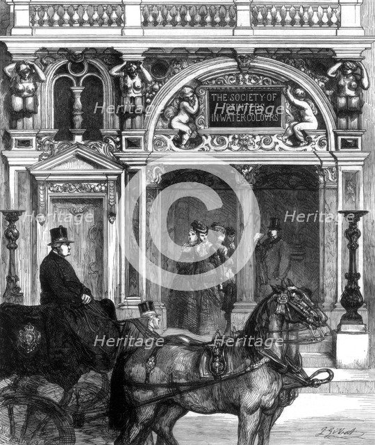 New entrance to the gallery of the Society of Painters, Pall Mall East, London, 1875. Artist: Unknown