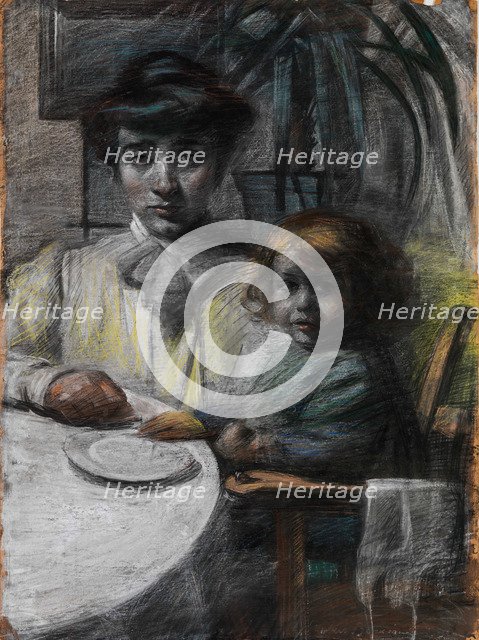 Portrait of the artist's wife with daughter.