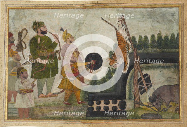 Rawat Gokul Das inspects a trapped tiger, 1810-1815. Artist: Chokha.