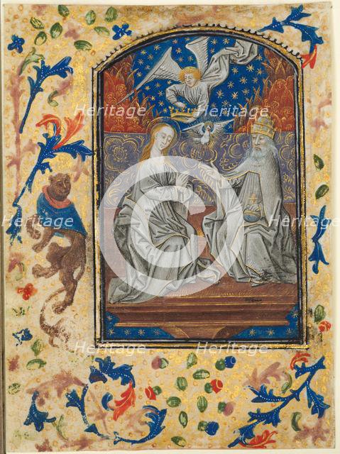 Leaf from a Book of Hours: Virgin and Child Enthroned, c. 1470-1480. Creator: Guillaume Vrelant (Flemish, c. 1454-1481), circle of.