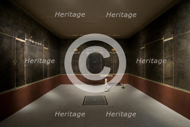 Wall painting on black ground: supports with entablature, from the imperial villa..., 1st century B. Creator: Unknown.