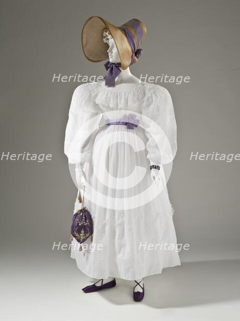 Woman's dress, Europe, white cotton plain weave (muslin) with cutwork and cotton embroidery, c.1830. Creator: Unknown.