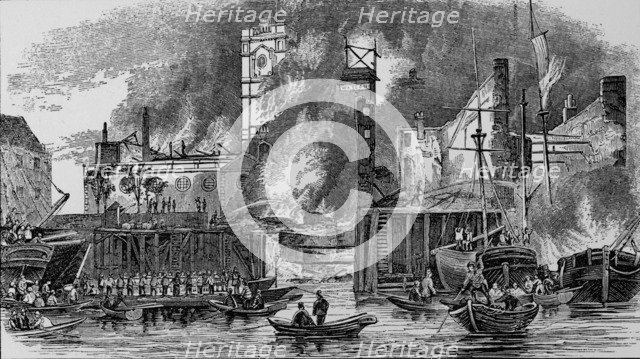 'Fire at Topping's Wharf, London Bridge, 1843', c1843, (1912).  Artist: Unknown.