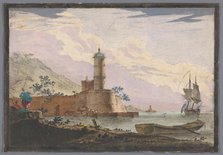 View of a harbor with a tower on the waterfront, 1700-1799. Creator: Anon.