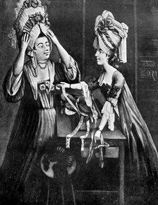 'A Milliner's Shop; Mrs Monopolize, the butcher's wife, purchasing a modern head dress', 1772. Artist: Unknown