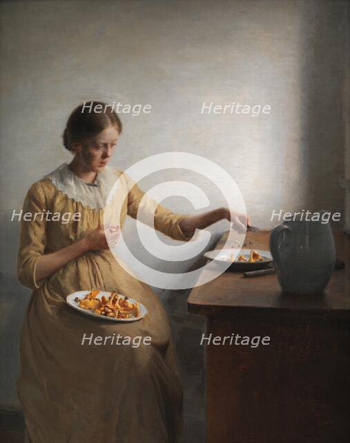 A Young Girl Preparing Chanterelles, 1892. Creator: Peter Vilhelm Ilsted.