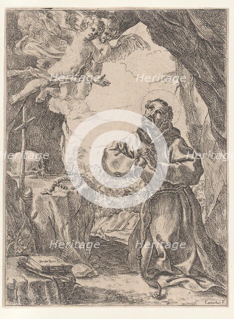 Saint Francis of Assisi, kneeling before a crucifix with two angels at upper left, 1643-44. Creator: Domenico Maria Canuti.