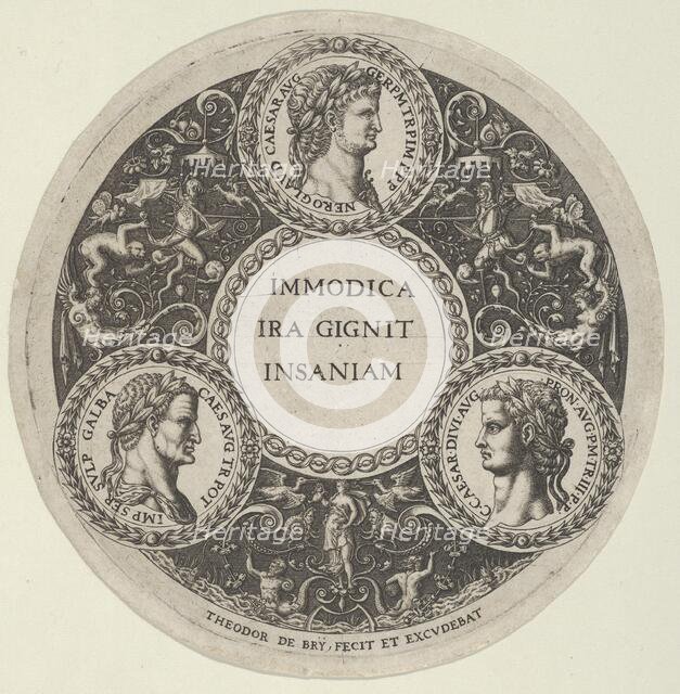 Design for a Dish with Portraits of the Roman Emperors Nero, Galba, and Caligula, ca. ..., ca. 1588. Creator: Theodor de Bry.