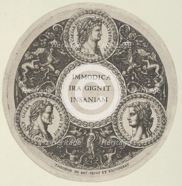 Design for a Dish with Portraits of the Roman Emperors Nero, Galba, and Caligula, ca. ..., ca. 1588. Creator: Theodore de Bry.