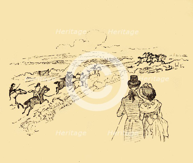 Bystanders watch as John Gilpin is chased across the countryside, 1878, (c1918).  Creator: Randolph Caldecott.