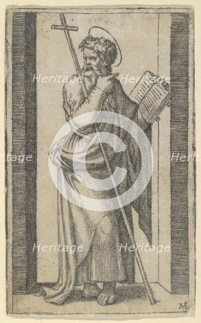 Saint Philip, book in his left hand, staff resting on his left arm, from the seri..., ca. 1500-1527. Creator: Marcantonio Raimondi.