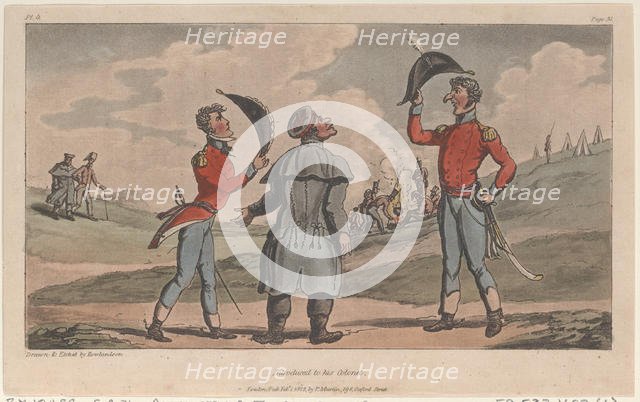 Introduced to his Colonel, from "The Military Adventures of Johnny Newcome", 1815., 1815. Creator: Thomas Rowlandson.
