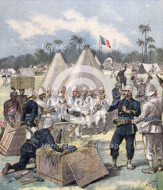 French soldiers opening New Year's gift boxes in Dahomey, Africa, 1892. Artist: Henri Meyer