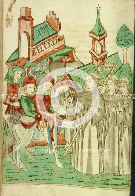 Horsemen Meeting an Abbot and Two Monks at a Monastery; Barlaam und Josaphat, 1469. Creators: Hans Schilling, Diebolt Lauber.