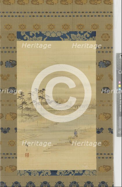 River-landscape: lumber yards and rafts, mid 19th century. Creator: Utagawa Hiroshige II.