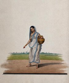 A woman carrying a brass utensil, (between 1800 and 1899?). Creator: Unknown.
