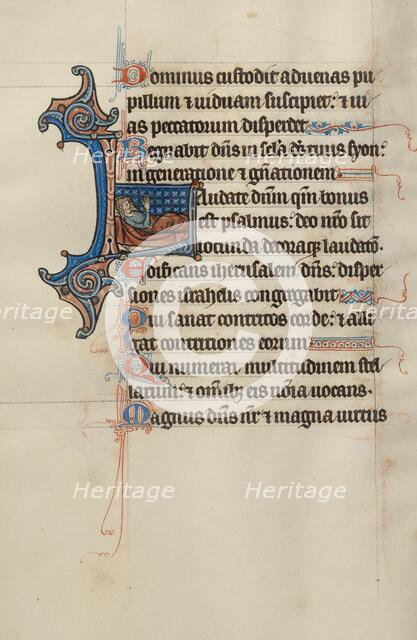 Initial L: A Man in Bed Raising His Hands to Heaven; Bute Psalter, text and illumination about 1285. Creator: Bute Master.