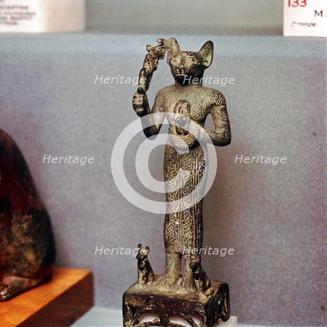 Egyptian Goddess Bastet as a Cat with Kittens, holding an Aegis, c664BC- 332BC. Artist: Unknown.