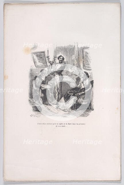 It is good that he coaxes and flatters her in front of her husband. from the Little Miseri..., 1843. Creator: Jean Ignace Isidore Gerard.