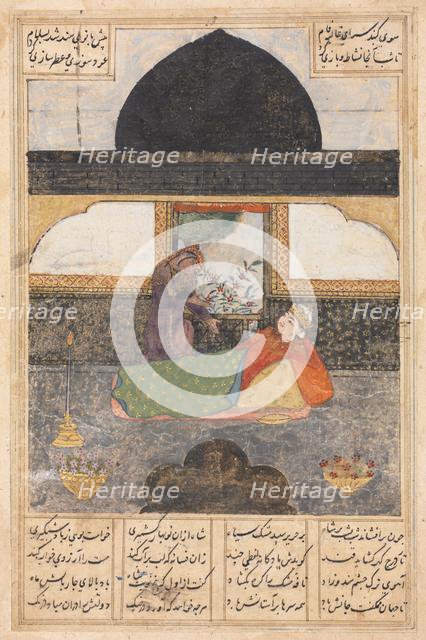 Bahram Gur Visits the Princess of India in the Black Pavilion (recto)..., c. 1400-1410. Creator: Unknown.