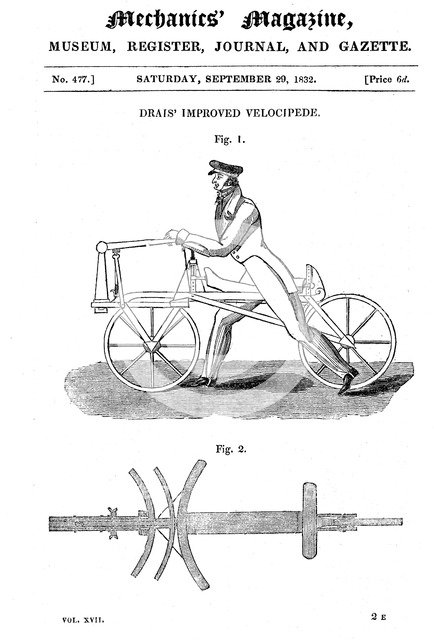 Baron von Drais's bicycle (Draisienne). Exhibited Paris 1818. Artist: Baron von Drais