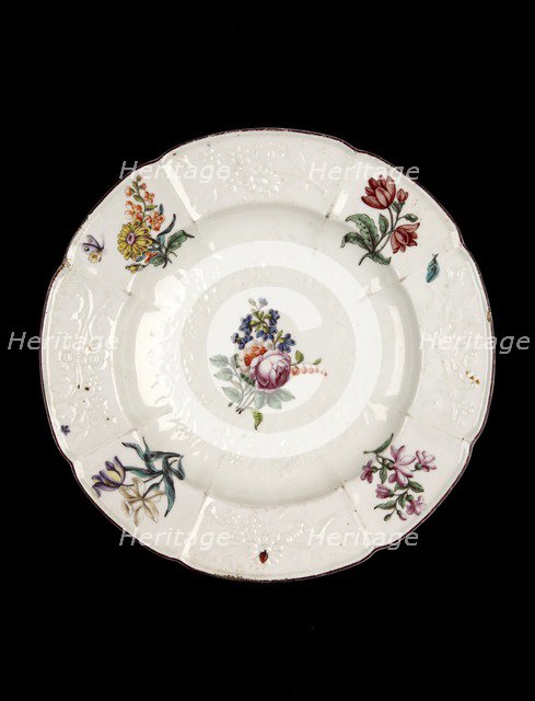 Plate, with flowers (rose centre), c1755. Artist: Unknown.