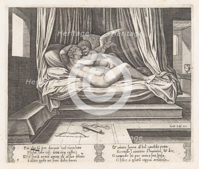 Plate 9: Cupid and Psyche on a bed, from the Story of Cupid and Psyche as told by Apule..., 1530-60. Creator: Master of the Die.