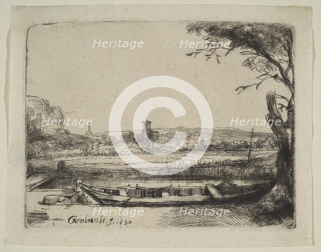 Canal with a Large Boat and a Bridge, 1650. Creator: Rembrandt Harmensz van Rijn.