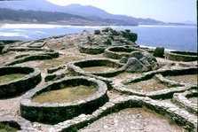 Partial view of the archaeological site of Castro de Barona in Porto do Son, details of the land …