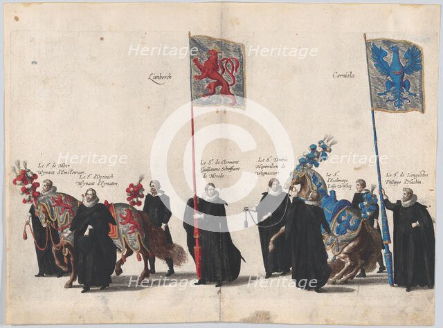 Plate 39: Men with heraldic flags and horses from Burgundy and Artois marching in the fune..., 1623. Creator: Cornelis Galle I.