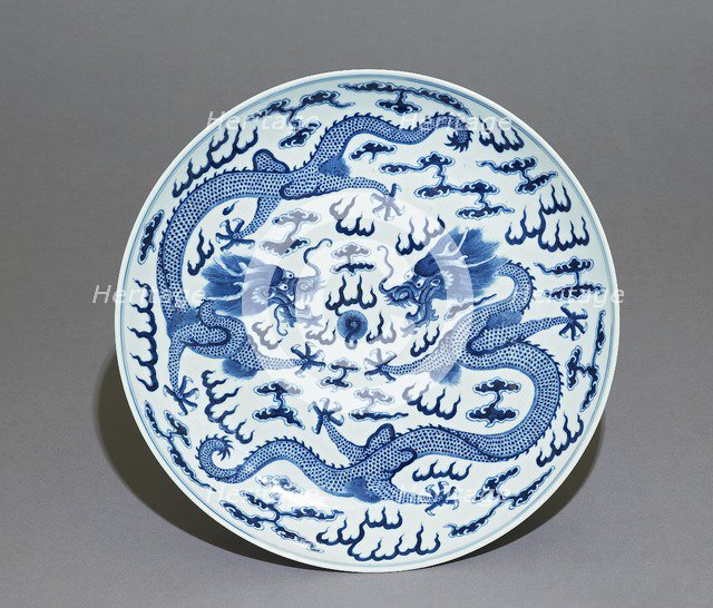 Blue-and-white dish, dragons chasing a flaming pearl, Qing Dynasty, Guangxu Period (1875 - 1908)) Artist: Unknown.