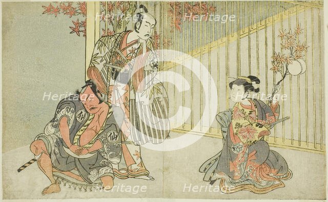 The Actors Yamashita Kinsaku II as Mutsuhana (right), Bando Mitsugoro I as Kashiwagi n..., c. 1771/7 Creator: Shunsho.