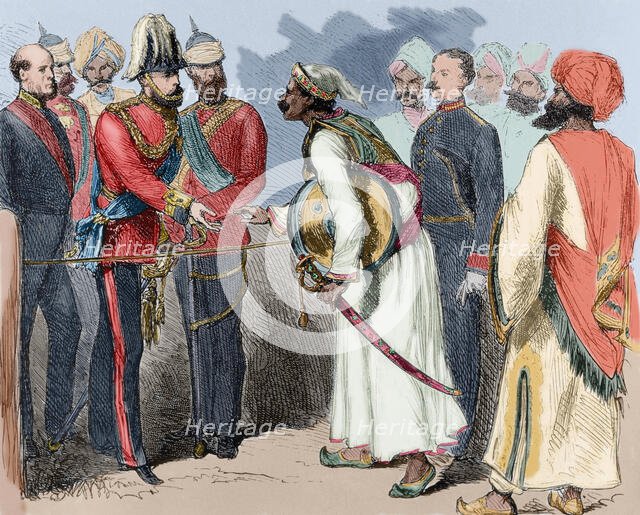 Interview between the Prince of Wales and the Maharana of Oudeypour, India, 19th century. Creator: Unknown.