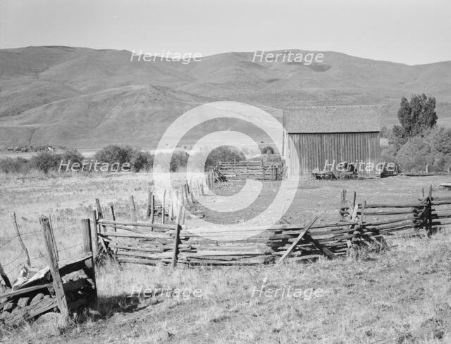 Farmyard in Squaw Creek Valley, Ola self-help sawmill co-op, Gem County, Idaho, 1939. Creator: Dorothea Lange.