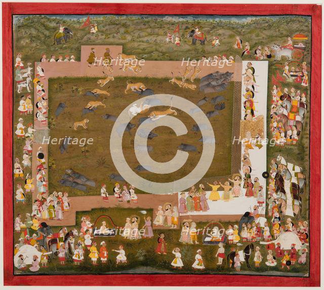 Maharaja Sangram Singh and his court observe a fight between tigers and boars at Sadri, c. 1720. Creator: Unknown.