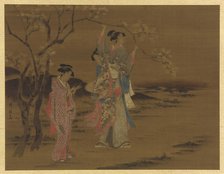 Two girls and a man under a cherry tree, Edo period, 1615-1868. Creator: Unknown.