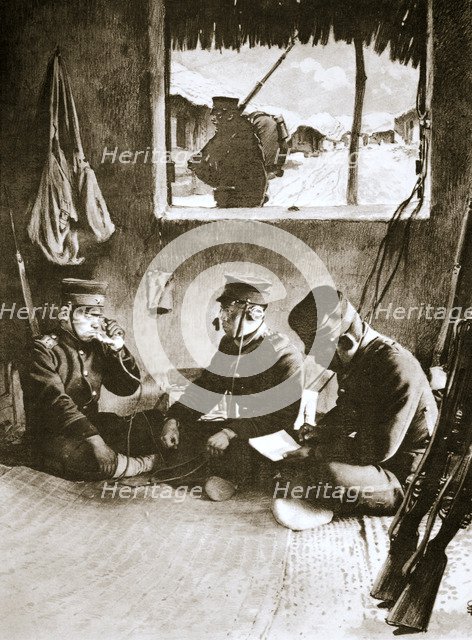 Japanese soldier making a telephone call, Russo-Japanese War, c1904-c1905. Artist: Unknown