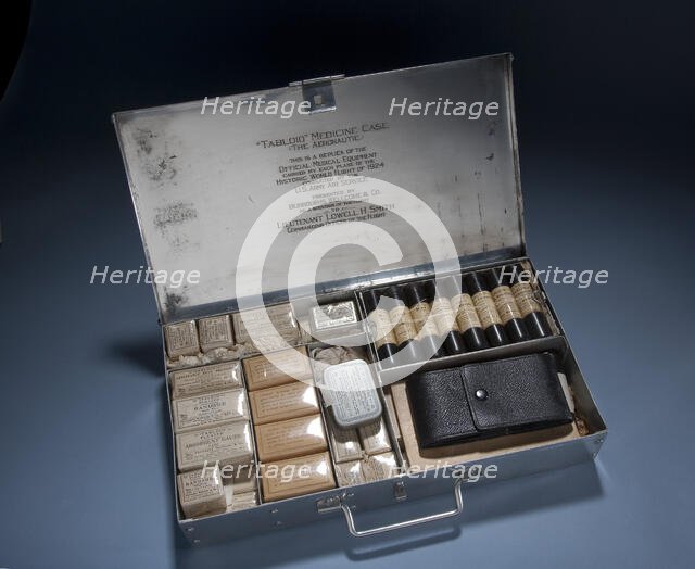 Medical kit carried aboard the Douglas World Cruiser by Lt. Lowell Smith, c. 1924.. Creator: Unknown.