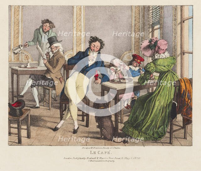 In the cafe. From: Twenty four subjects exhibiting the costume of Paris, 1822. Creator: Chalon; John James (1778-1854).