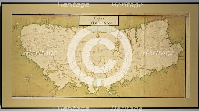 Manuscript map painted in gouache of the island of Menorca with names, Menorca language, Spanish …