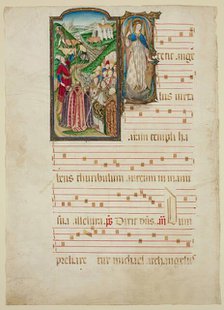 Miracle of Mount Gargano; Historiated "S" with Saint Michael, late 15th century. Creator: Circle of Jaume Huguet