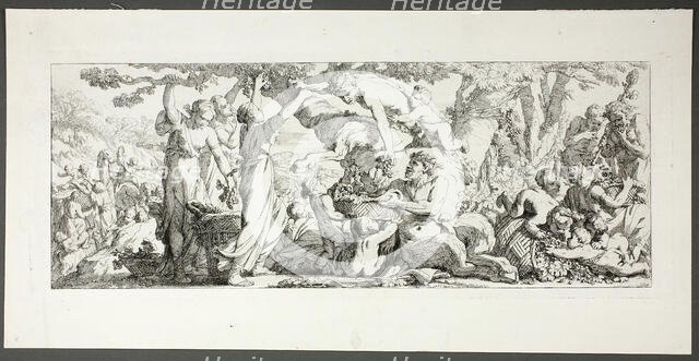 Harvest of Grapes, plate two of four from Le Travaux de la Vendange, 1750. Creator: Joseph-Marie Vien the Elder.