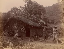 Thatched House, People in Foreground, Telegraph Lines in Background, 1860s-70s. Creator: Unknown.