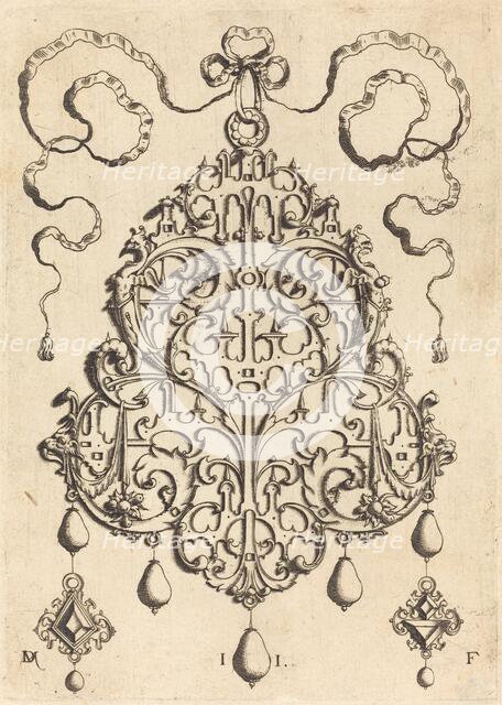 Large Strapwork Pendant with Two Hangers as Earrings at Left and Right. Creator: Daniel Mignot.