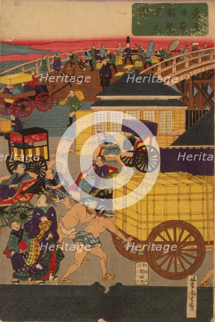 Flourishing Nihonbashi section of Tokyo. (Tokyo Nihonbashi han ei no zu) Triptych. Artist: Yoshitora, Utagawa (active 1850-1880)